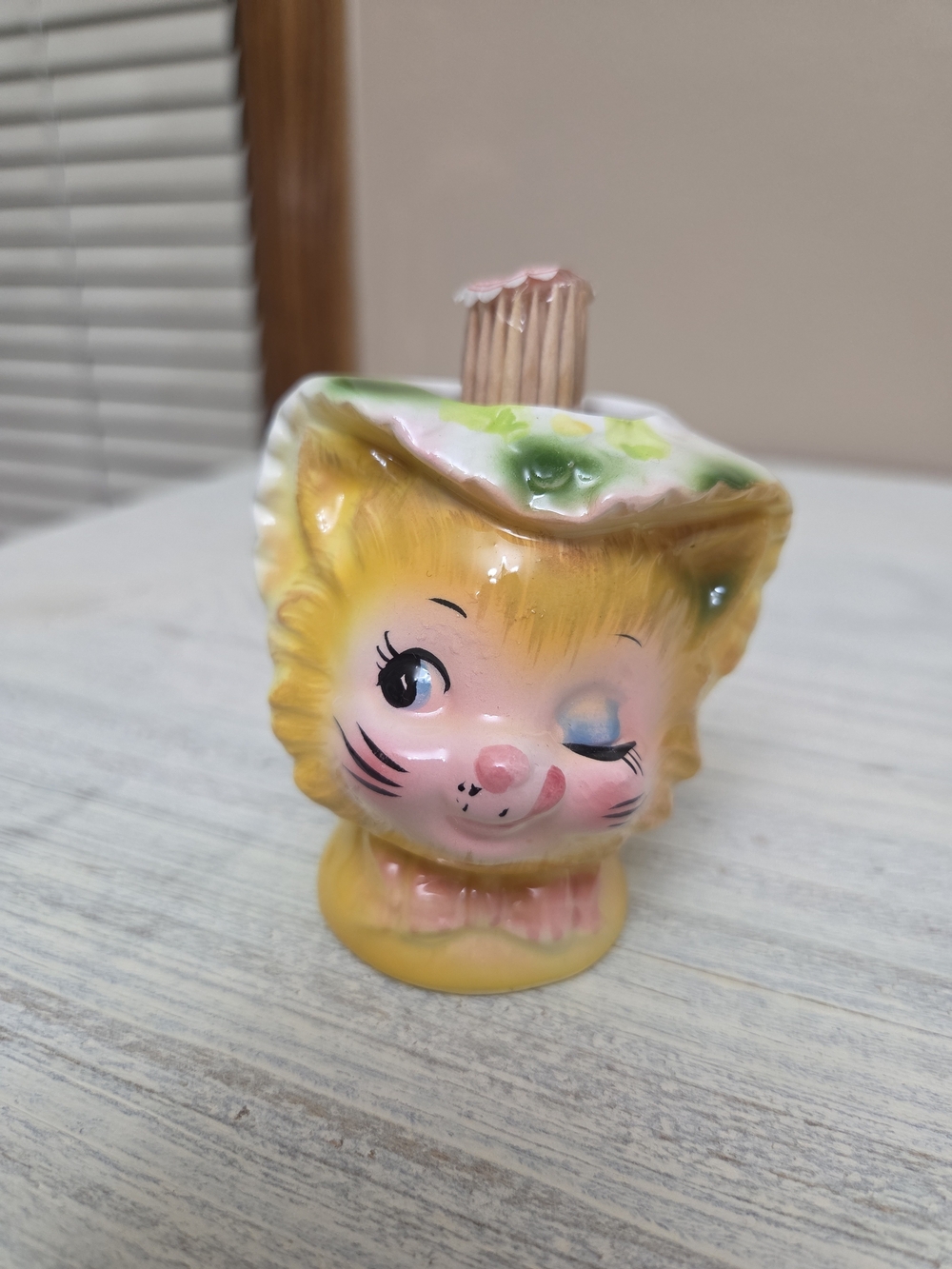 Enesco Yellow and Pink Ceramic Kitty Toothpick Holder